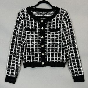 Lulus Black White Knit Cardigan Small Cropped Button Front Preppy Chic Sweater